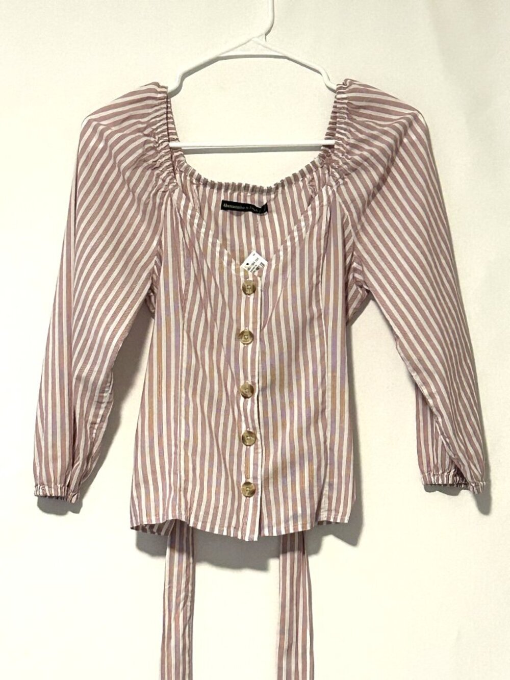 NWT Abercrombie & Fitch cotton blend pink & white striped v-neck blouse, size S - Picture 2 of 6